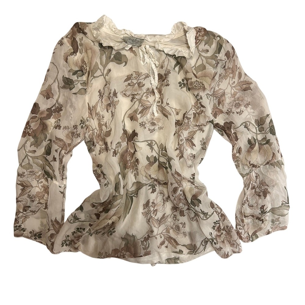 Italian 100% Silk Floral Blouse Medium Romantic Cottagecore Boho Top